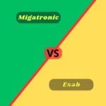 Stół warsztatowy z dwiema spawarkami, Migatronic CenTIG 200 i Esab CaddyTig 2200i, przygotowanymi do testu porównawczego spawarek TIG.