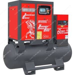 Sprężarka śrubowa ARROW II VSD 15 kW/500 710-1100 l/min. 16 Bar zestaw na zbiorniku poziomym 500L+ osuszacz + filtry ISO 8573-1 1:4:1