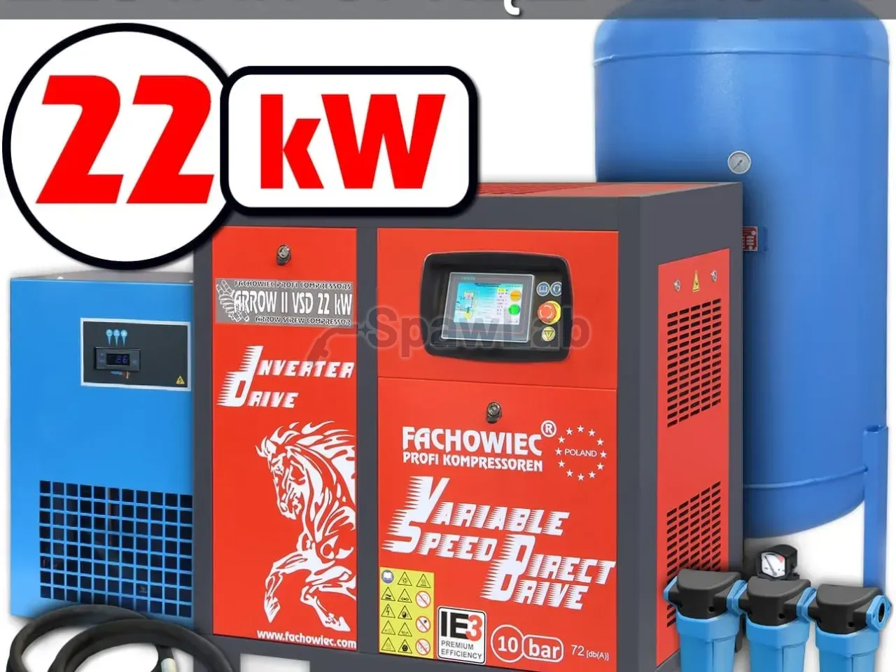 Profi Kompressoren screw compressor VSD 22 kW 1160-3000 l/min. 10bar + tank 1000l + separator + filters P and M + dryer