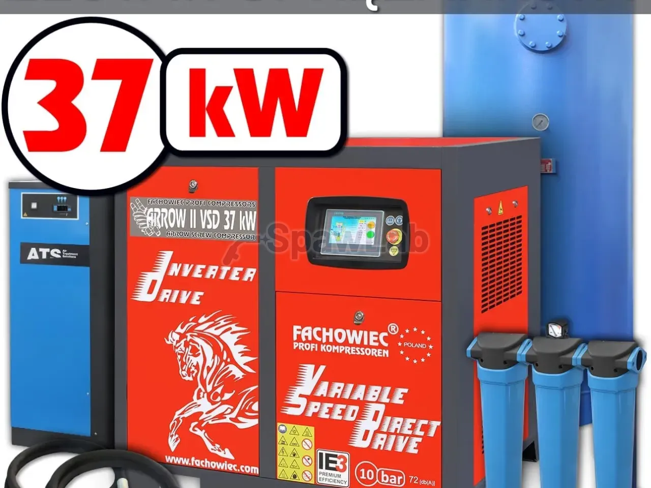 Profi Kompressoren screw compressor VSD 37 kW 2040-5600 l/min. 10bar + tank 1000l + separator + dryer + filters P and M + accessories