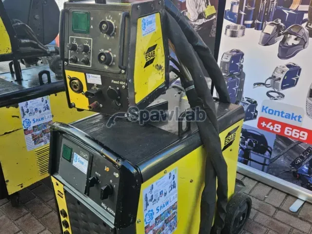 ESAB Origo Mig 400tw z podajnikiem ESAB Feed 484, na panelu czytelny napis Mig 400tw, egzemplarz z oferty