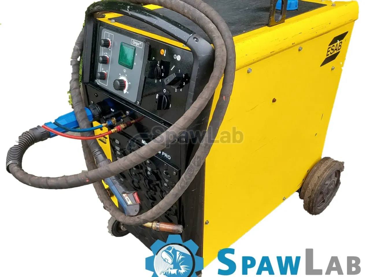 ESAB OrigoMig C420w, używany półautomat MIG/MAG na kółkach, widoczny panel sterowania i uchwyt spawalniczy, egzemplarz z oferty