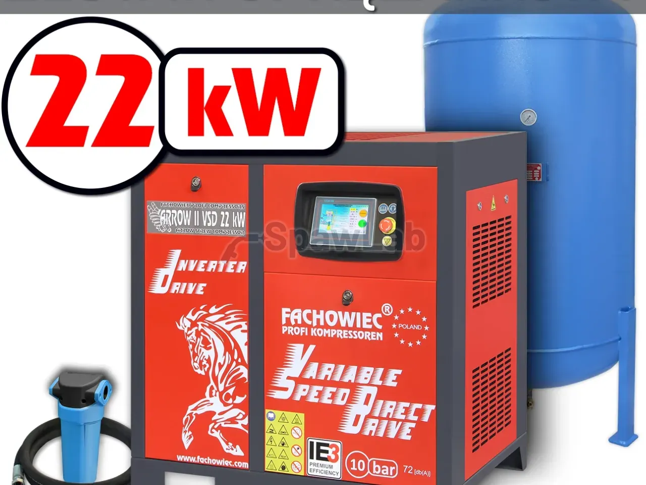Profi Kompressoren Schraubenkompressor VSD 22 kW 1160-3000 l/min 10 bar, 1000 l Behälter, Abscheider, Zubehör