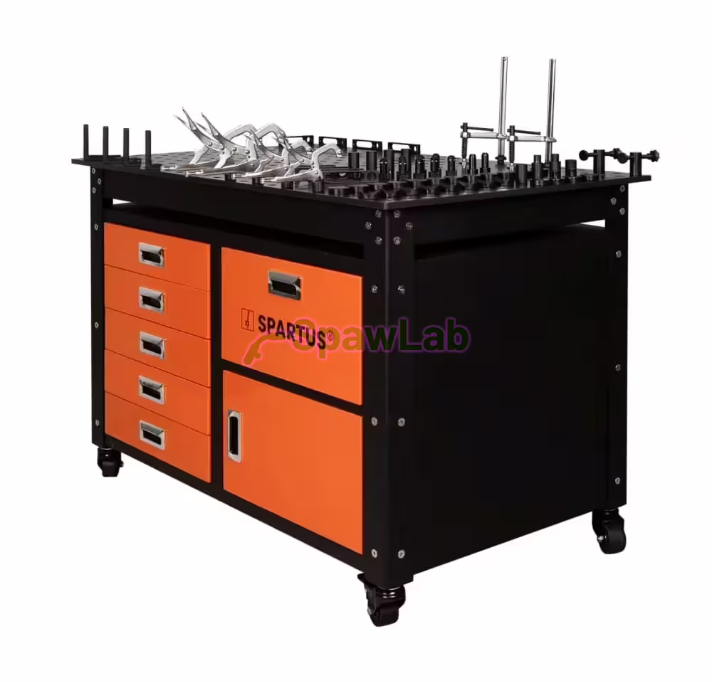 Spartus 1200x750x820mm welding table on castors, D16 system, with drawers, cabinet and set of 62 tools