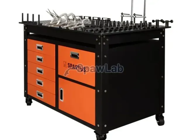 Spartus 1200x750x820mm welding table on castors, D16 system, with drawers, cabinet and set of 62 tools