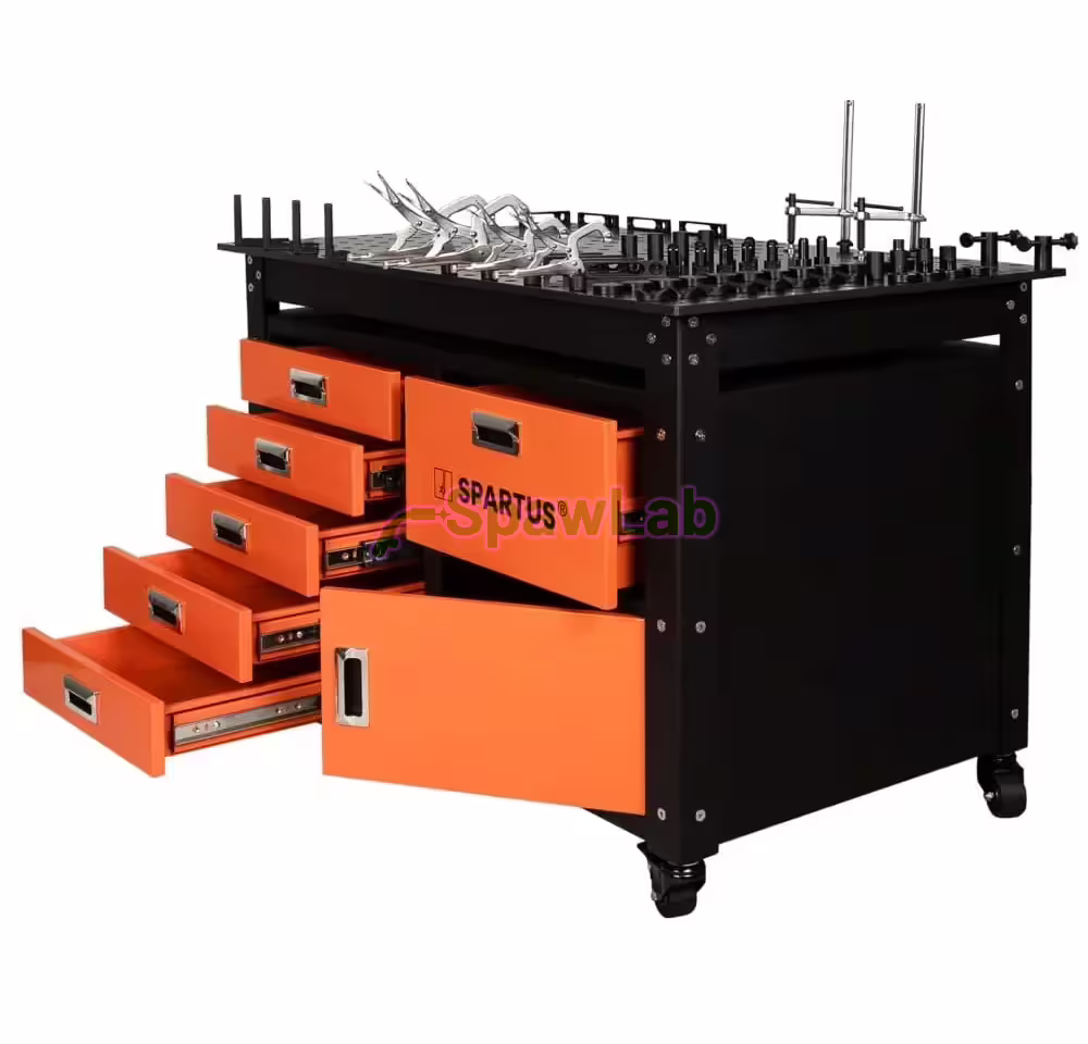 Spartus 1200x750x820mm welding table on castors, D16 system, with drawers, cabinet and set of 62 tools, photo 2