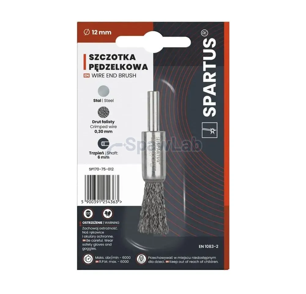 Spartus end brush Ø12 mm, crimped steel wire 0.3 mm, 6 mm shank