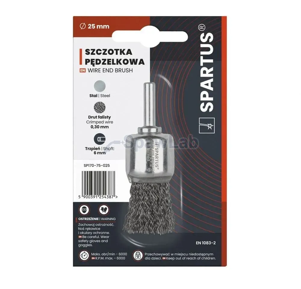 Spartus end brush Ø25 mm, crimped steel wire 0.3 mm, 6 mm shank