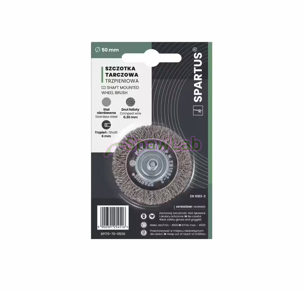 Spartus shank-mounted wheel brush Ø50 mm, crimped stainless steel wire 0.3 mm, 6 mm shank