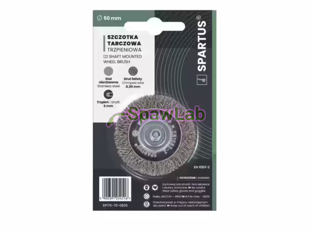 Spartus Szczotka tarczowa fi 50mm trzpieniowa, drut nierdzewny falisty 0,3mm, trzpień 6mm