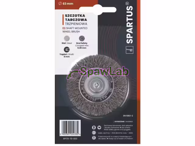 Spartus Szczotka tarczowa fi 63mm trzpieniowa, drut stalowy falisty 0,3mm, trzpień 6mm