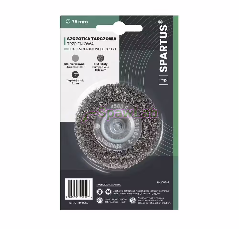 Spartus shank-mounted wheel brush Ø75 mm, crimped stainless steel wire 0.3 mm, 6 mm shank