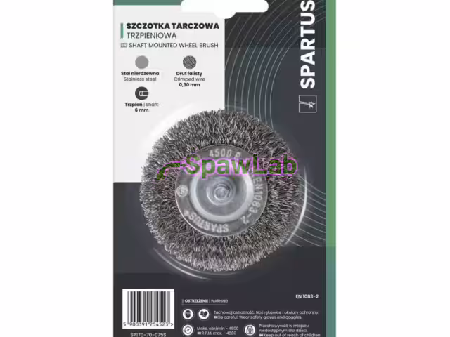 Spartus Szczotka tarczowa fi 75mm trzpieniowa, drut nierdzewny falisty 0,3mm, trzpień 6mm