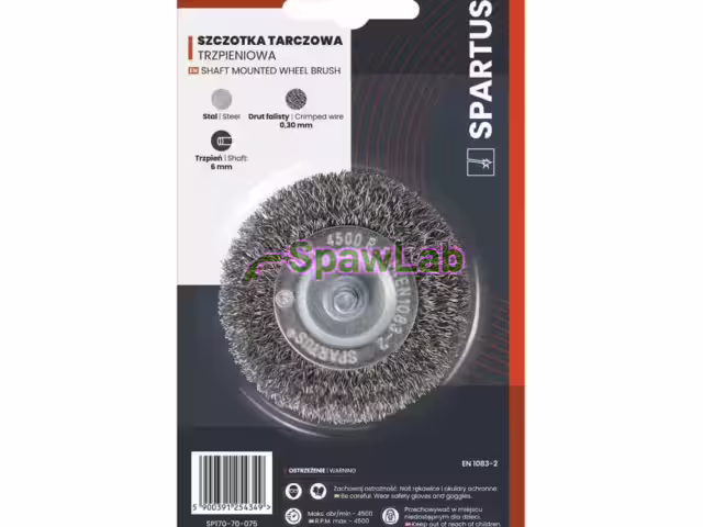 Spartus Szczotka tarczowa fi 75mm trzpieniowa, drut stalowy falisty 0,3mm, trzpień 6mm
