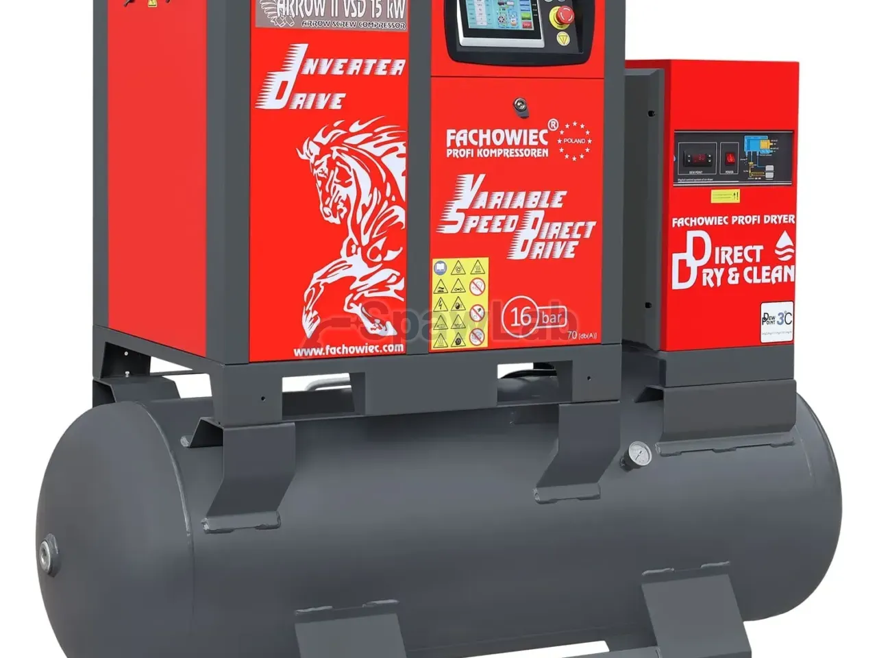 Screw compressor ARROW II VSD 15 kW/500 710-1100 l/min. 16 Bar kit tank-mounted horizontal 500L+ dryer + filters ISO 8573-1 1:4:1