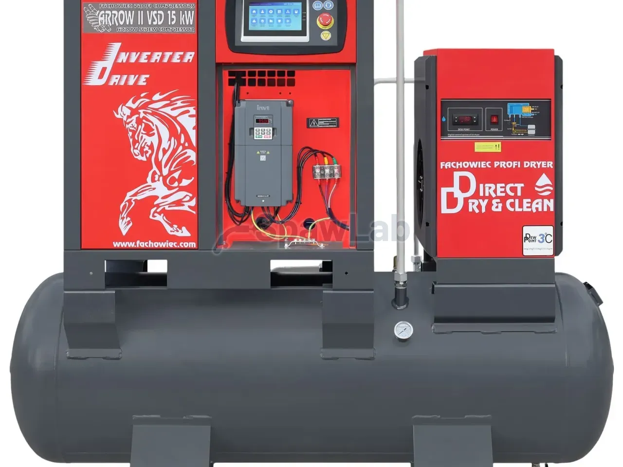 Screw compressor ARROW II VSD 15 kW/500 710-1100 l/min. 16 Bar kit tank-mounted horizontal 500L+ dryer + filters ISO 8573-1 1:4:1, photo 4