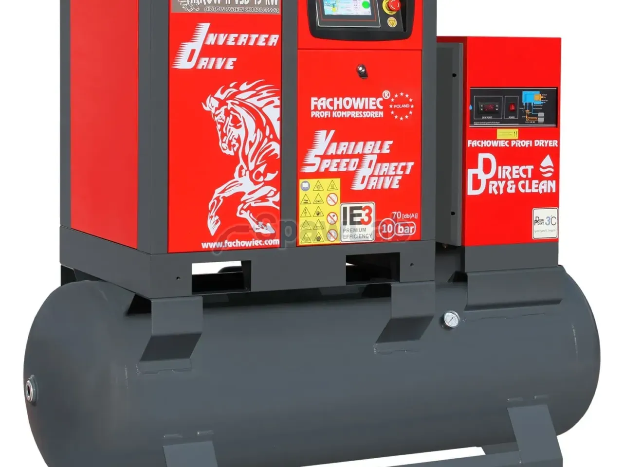 Screw compressor ARROW II VSD 15 kW/500 720-1800 l/min. 10 Bar kit tank-mounted horizontal 500L + dryer + filters ISO 8573-1 1:4:1