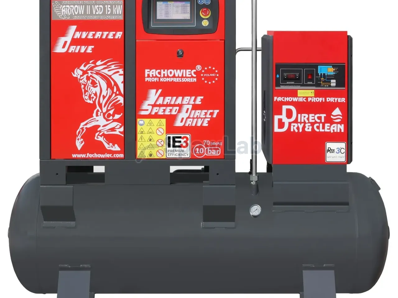 Screw compressor ARROW II VSD 15 kW/500 720-1800 l/min. 10 Bar kit tank-mounted horizontal 500L + dryer + filters ISO 8573-1 1:4:1, photo 2