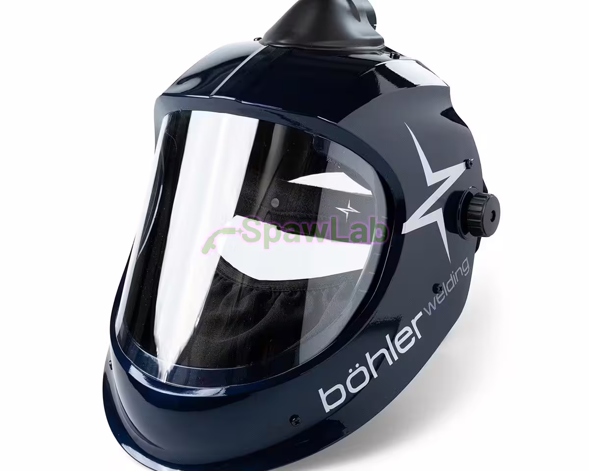 Przyłbica szlifierska Böhler Welding Big Vision Air do nawiewu PAPR, niebieska z połyskiem, przezroczysta szyba i łącznik przewodu na górze