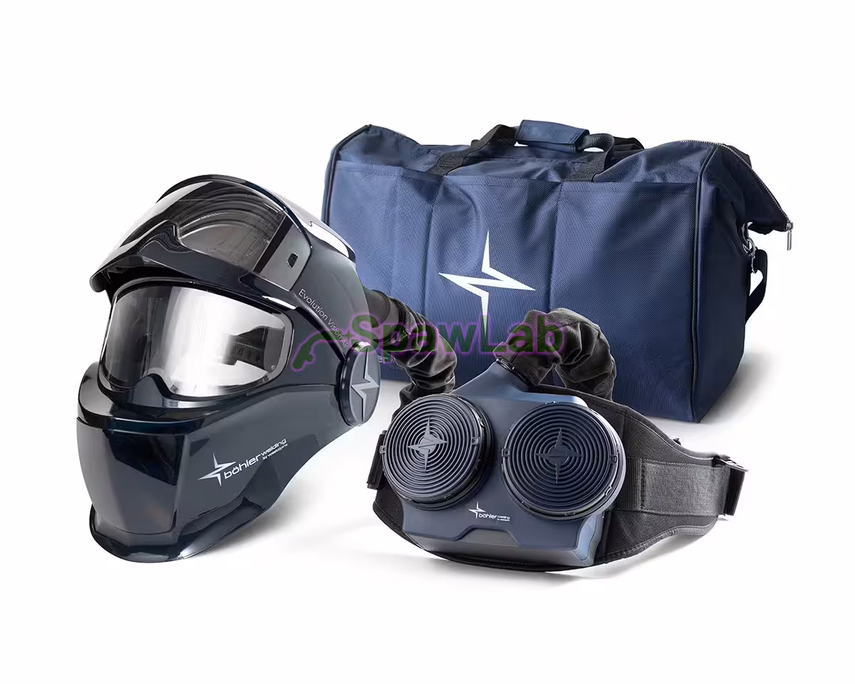 Zestaw Böhler Welding Evolution Vision 65F Air Kit: przyłbica Evolution Vision 65F Air, jednostka nawiewowa Evolution Air i niebieska torba Evolution