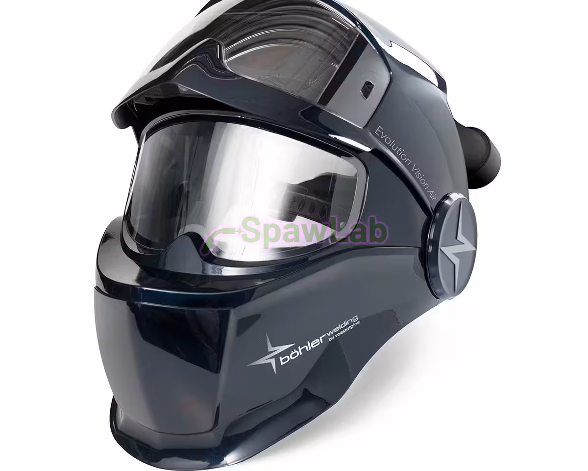 Przyłbica Böhler Welding Evolution Vision 65F Air do nawiewu PAPR, niebieska z połyskiem, filtr podniesiony i odsłonięta szyba do szlifowania
